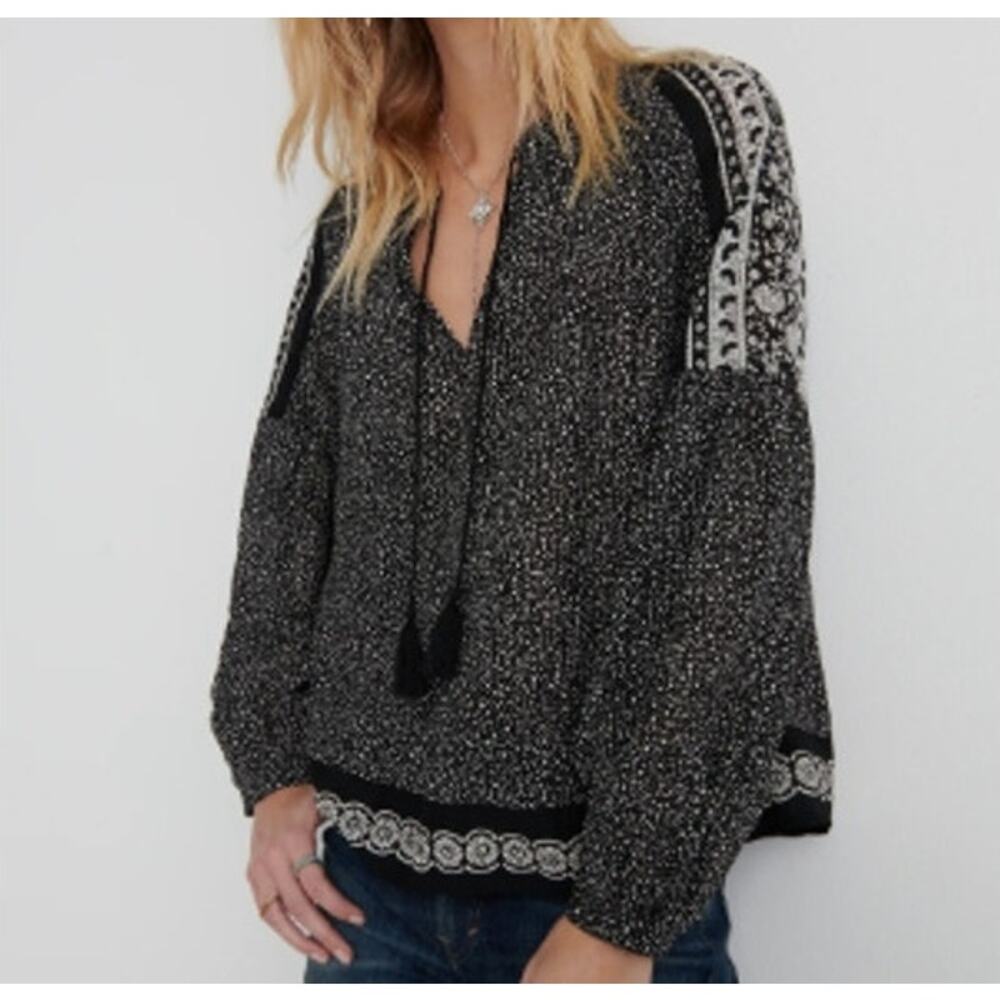 Lucky Brand Border Print Peasant Tunic Blouse Medium Black Polka Dot Boho